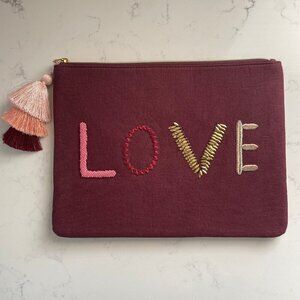 Stella & Dot 'LOVE' Retired Lined Zip Clutch w Tassel Burgundy + Pink OS NWOT